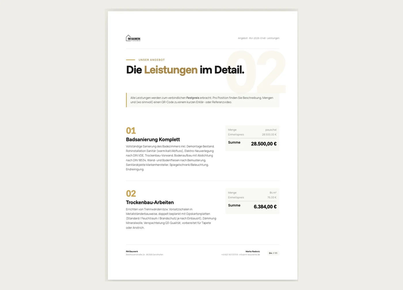 Die fertige Leistungsseite des Angebots mit Positionen, Beschreibungen und Festpreisen.